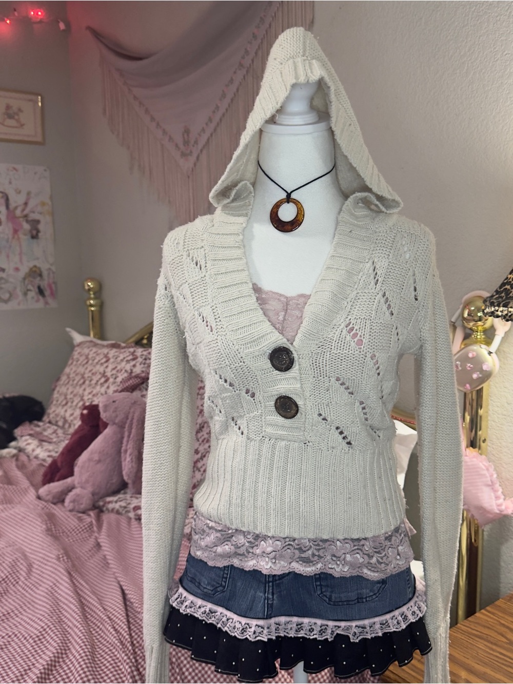 Y2K Cream Hooded Knit Sweater with Button Front - Picture 6 of 7